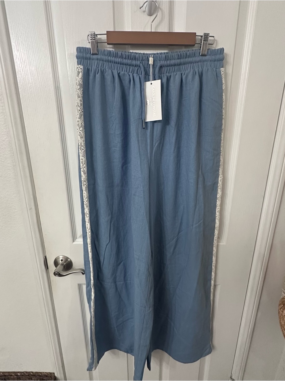 NWT Caroline Constas Blue Lace Trim Wide Leg Pants Size Large L Luxury